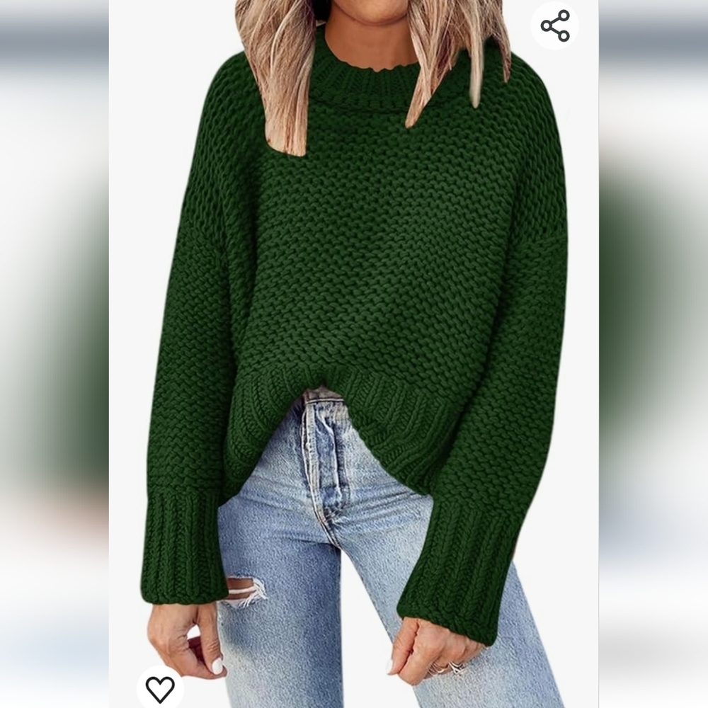 Deep Self Crewneck Chunky Knit Long Sleeves Green Sweater Pullover